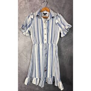 Style‎ House Shirt Dress Womens Small White Blue Striped Ruffle Hem Button Front